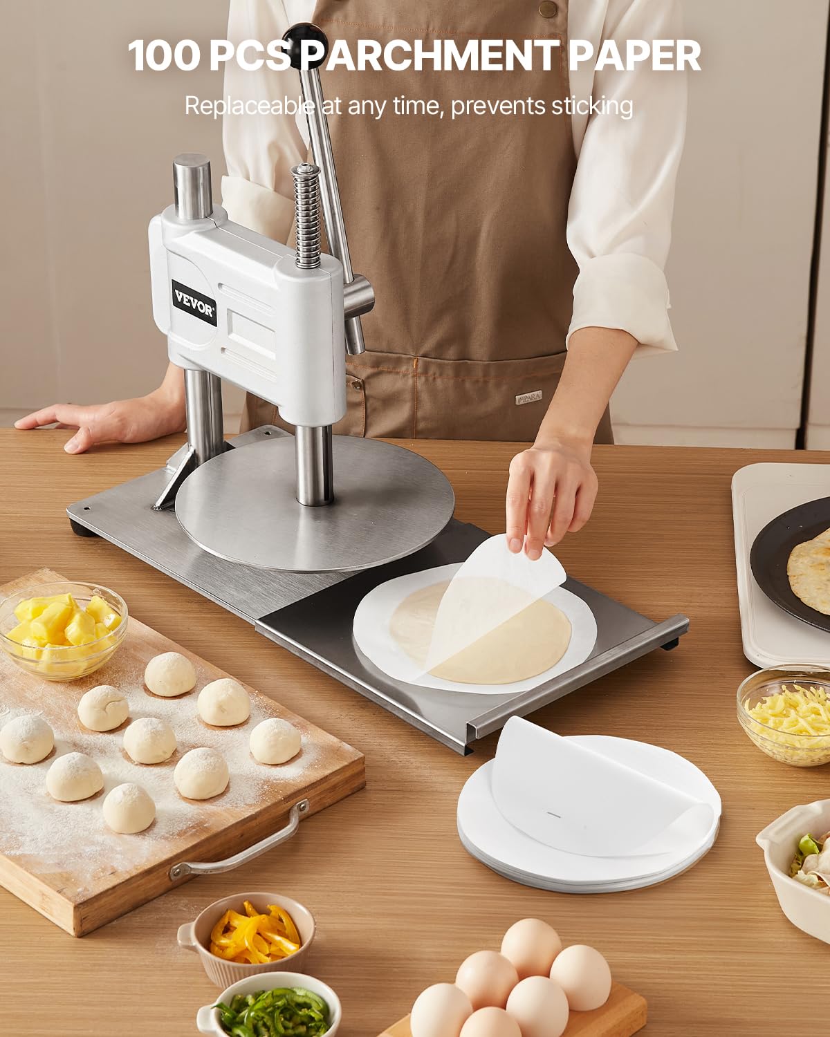 VEVOR Manual Pizza Dough Press Machine, 9.5 inch Pizza Pastry Press Plate, Stainless Steel Bread Presser, Commercial Chapati Sheet Crust Maker, Forming Machine with Handle and 100 Pcs Parchment Paper