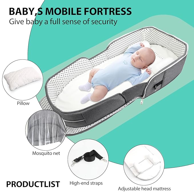 Portable Bassinet for Baby Travel Lounger Foldable Baby Co-Sleeping Bed with Mosquito net + Cool mat Carry Bag & Storage Pocket ()