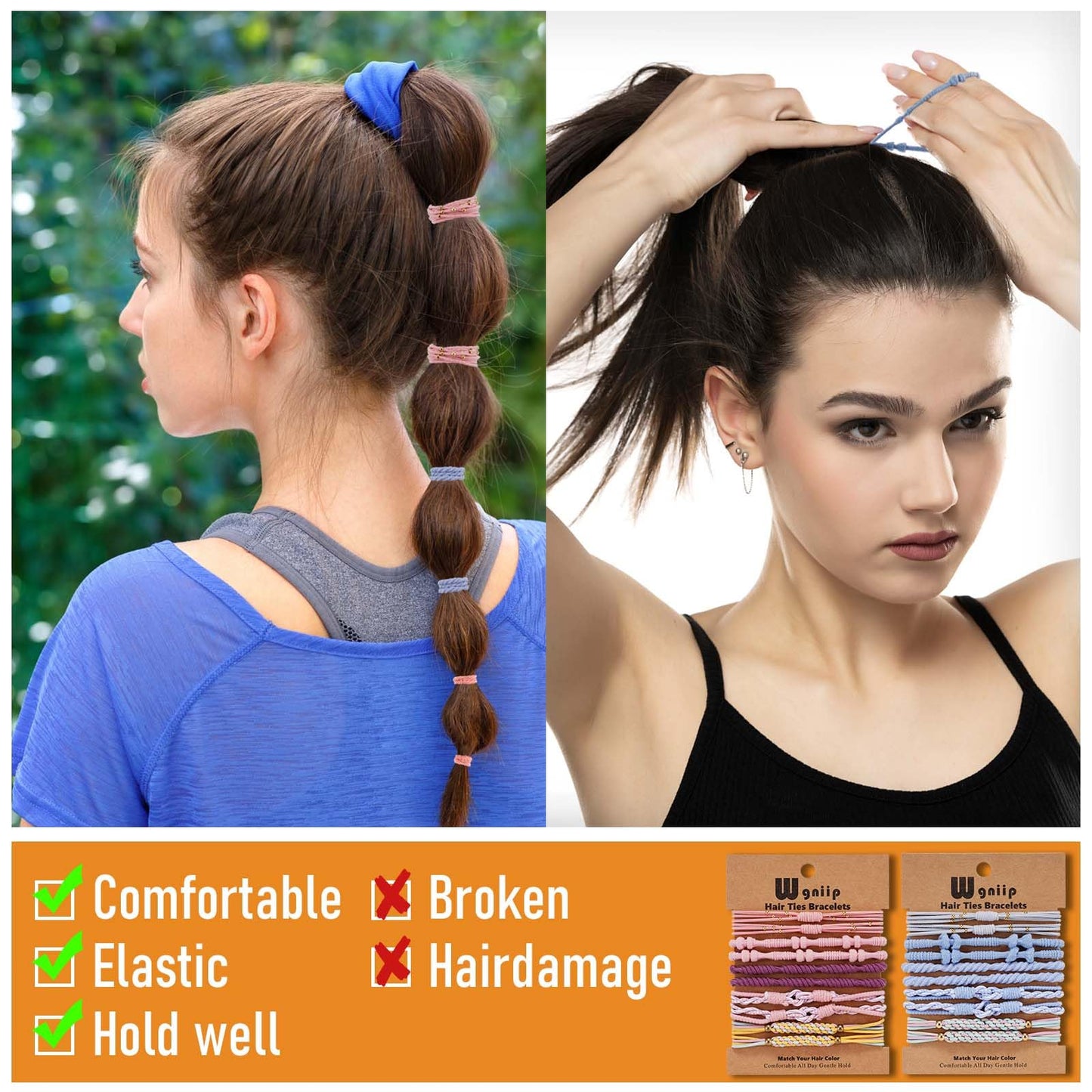 Wgniip 20 Pcs Boho Hair Accessories for Women: 5 Styles Cute Tie Bracelets for Thin and Thick Pony Tails, 10 Colors No Damage El