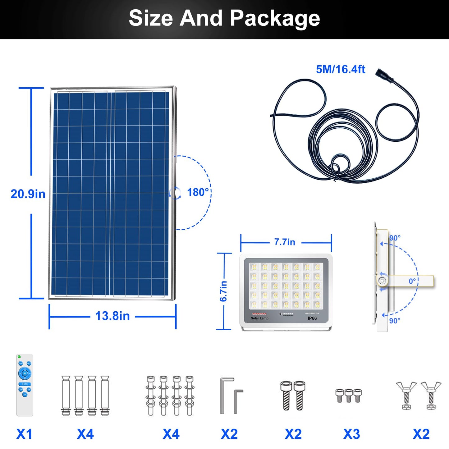 Dawumt Solar LED Flood Lights Set, 300W Dimmable, 3000K-7000K, Remote Control, IP66 Waterproof, White
