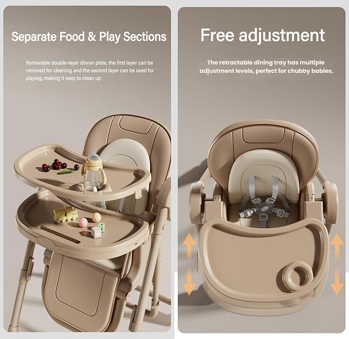Nine point nine PU Leather Baby High Chair with Swinging Function, High Chairs for Babies and Toddlers, Removable Double Tray Baby Seat Feeding Chairs (8121 Grey)
