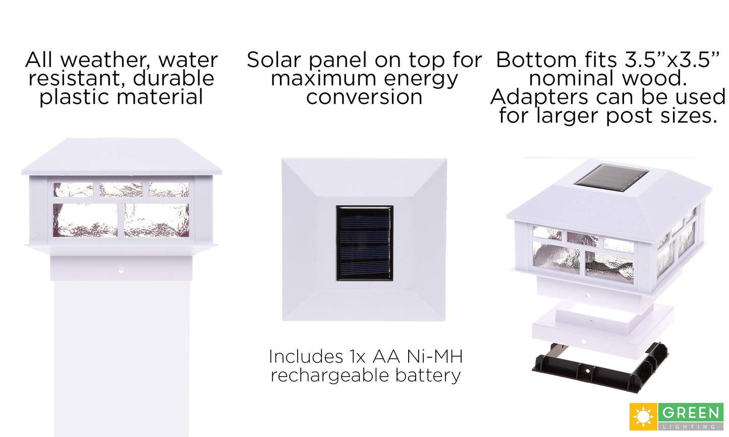 GreenLighting Solar Post Cap Lights, 4x4 & 5x5 PVC/Vinyl, Waterproof, Bright LED, White, 4 Pack, Model TN-1222605