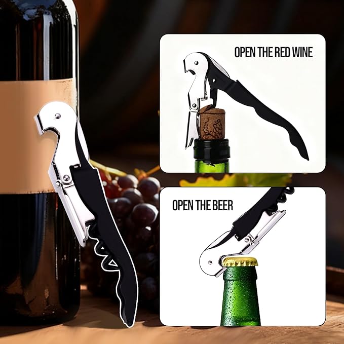 Soft Velvet Touch Waiters Double Hinge Corkscrew Wine Key Bottle Opener，Heavy Duty Waiter Corkscrew, Foil cutter and Bottle Opener,2-pack (2, Black)