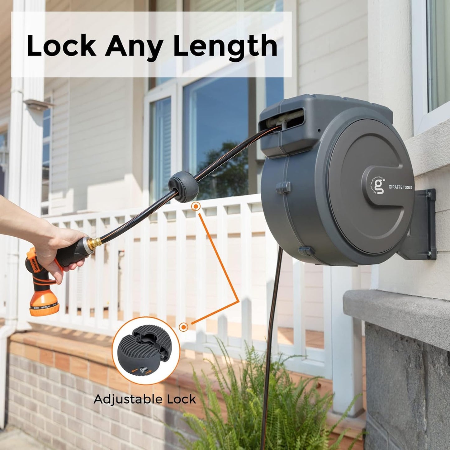 Giraffe Tools Hose Reel 1/2‘’ 78 ft, Heavy Duty Retractable Garden Hose Reel with Any Length Lock, Slow Return System, Wall Mounted and 180 Deg Swivel Bracket