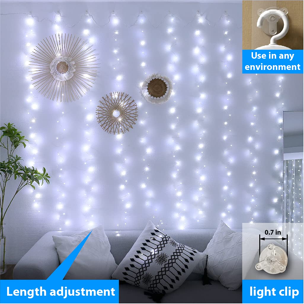 ZSJWL 300 LED White Curtain Lights, 9.8x9.8Ft, Copper Material, Remote Control, 8 Modes, USB Plug, Indoor/Outdoor Use