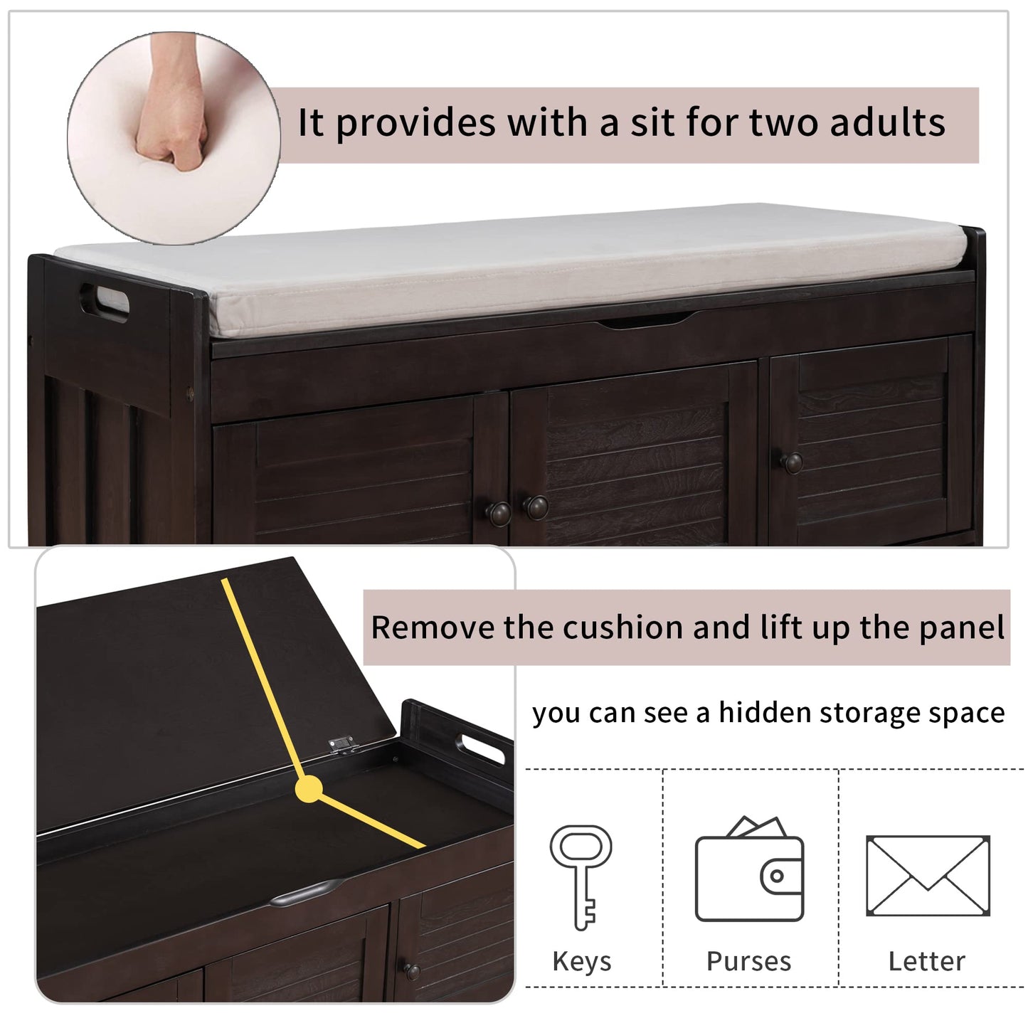 Acosure Wood Storage Bench 3 Shutter-Shaped Doors,Multifunction Shoebox W/ 2 Size and Removable Cushion & Hidden Savings Space,for Entryway,Bedroom,Living Room,Espresso