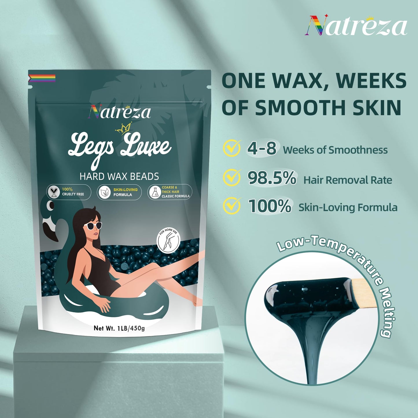 Natreza Wax Beads for Hair Removal, 1lb Hard Wax Beans for Full Body, Brazilian, Bikini, Legs, Arms, Face, Thick Hair Formula, W