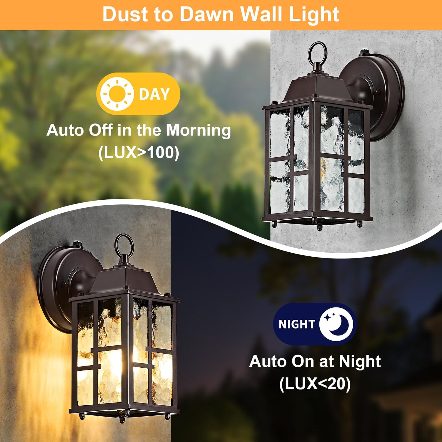 Okeli 2-Pack Dusk To Dawn Outdoor Wall Lights  Weatherproof Exterior Lighting Fixture Wall Mount  Aluminum Ripple Glass Porch Light  Anti-Rust Outside Wall Sconce For House  Garage(Brown)