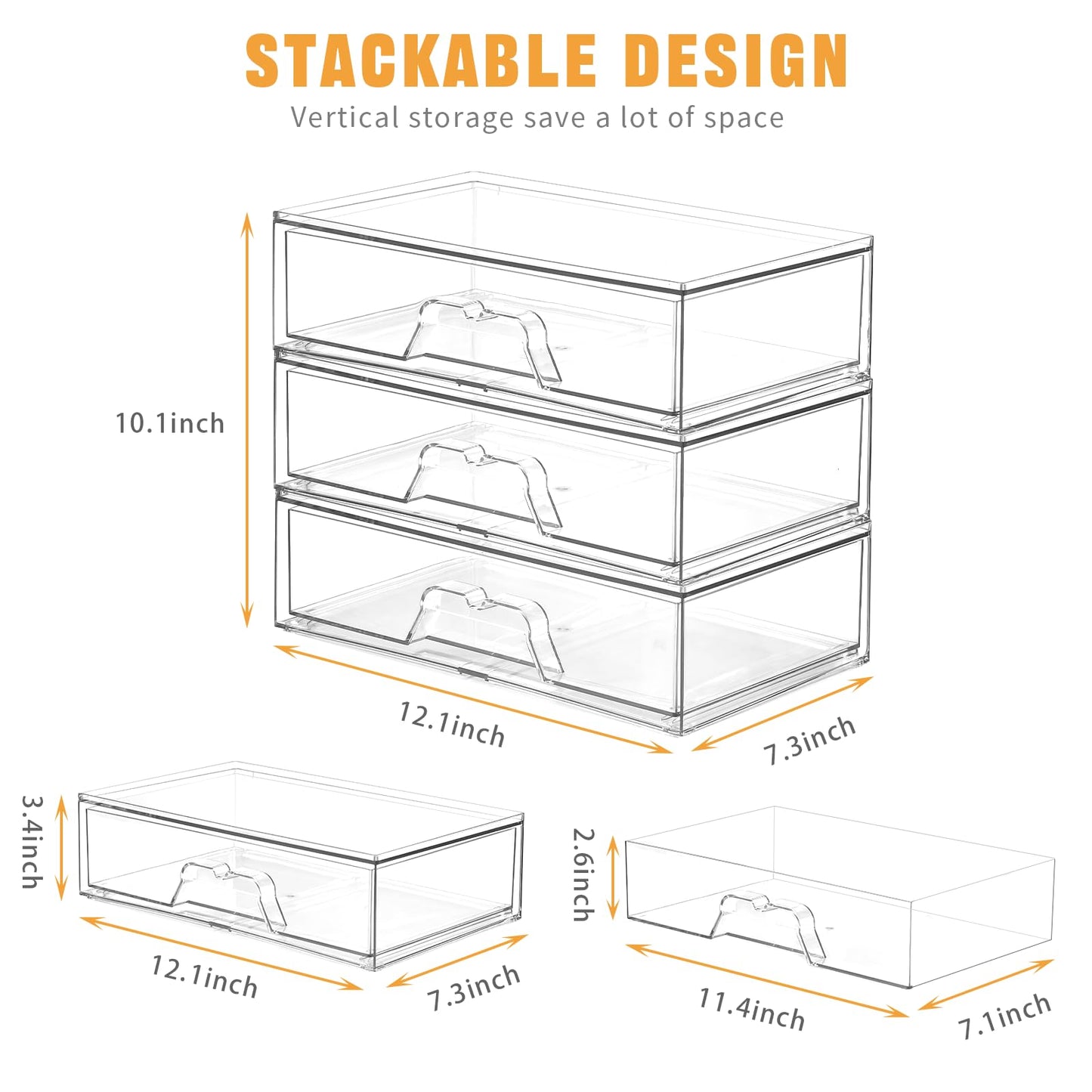 3 Pack Stackable Makeup Organizer, 12.1''L Acrylic Bathroom Organizer and Storage Undersink Drawer, Cosmetics and Beauty Supplie