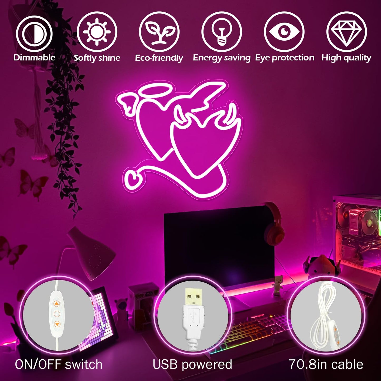 Ajoyferris Pink Heart LED Neon Sign - Acrylic Love Light for Bedroom, Wedding Decor, 14in x13in