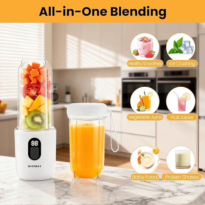 Portable Blender, Personal Blender for Shakes and Smoothies, Portable Juicer with 16 Blades, Small Mini Juicer with Extra Handle Lid for Travel, Sport, Office, Camping and Outgoing (16.9 oz)
