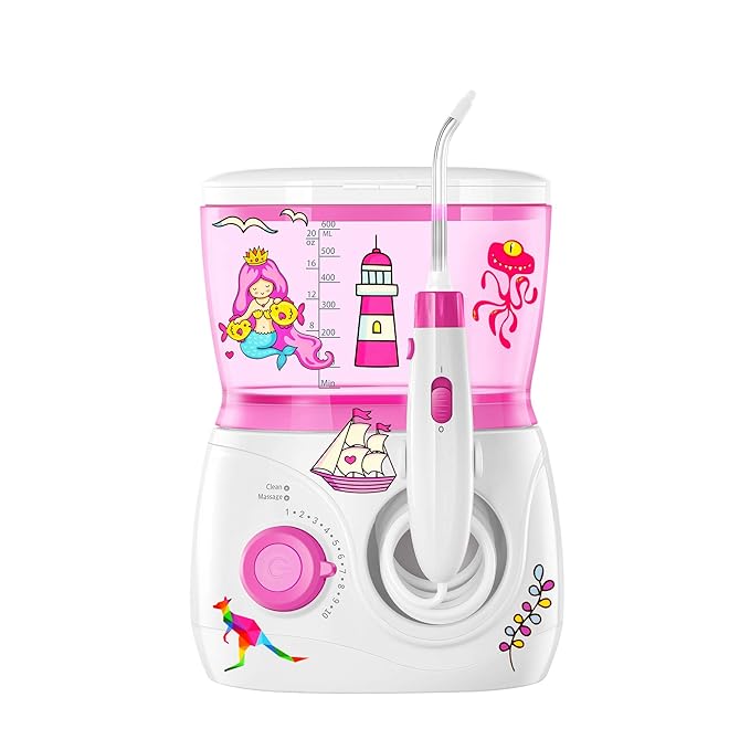 ToiletTree Products Children's Countertop Water Flosser - Dental Oral Irrigator for Kids - BPA-Free Dental Water Flosser with 600mL Capacity and Adjustable Water Pressure - Pink