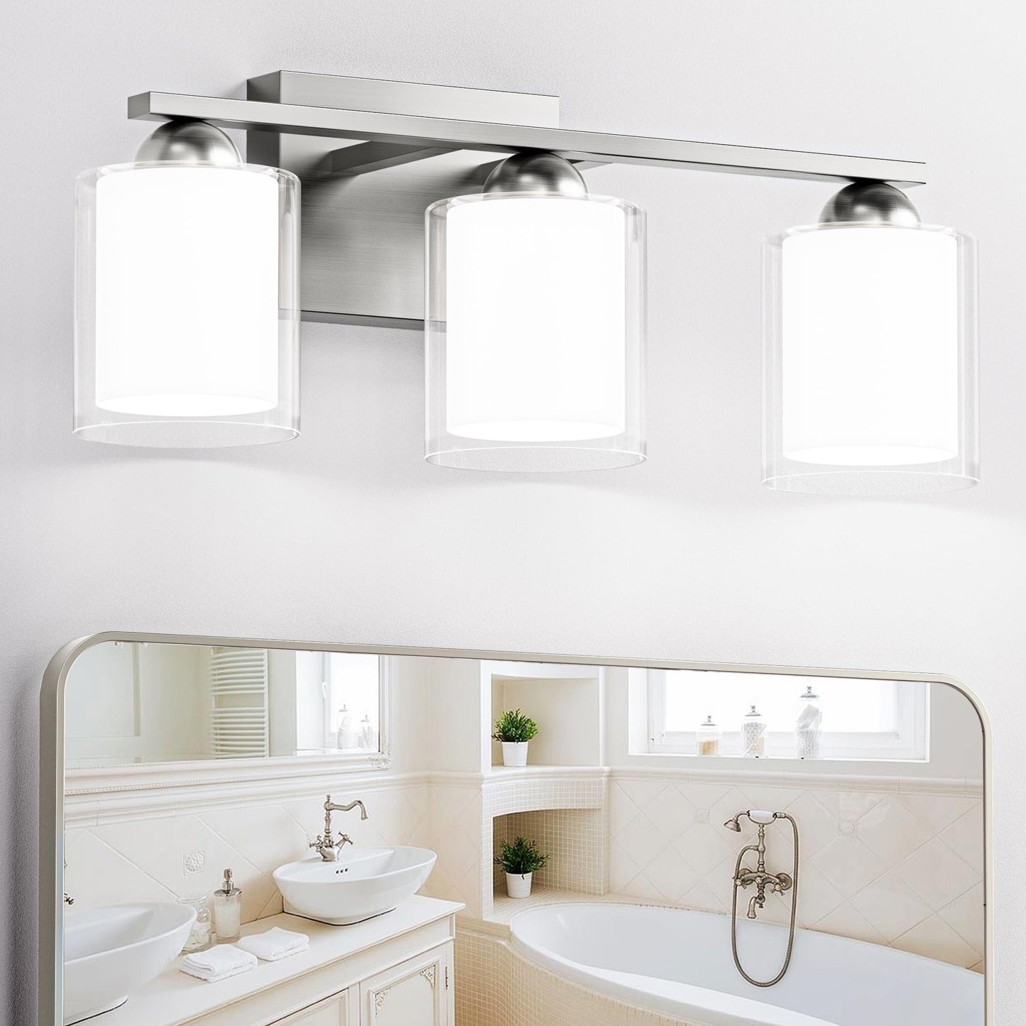 Quntis 3 Light Brushed Nickel Bathroom Light Fixtures, LED Vanity Lights Over Mirror, Model QNT-3L-BN-VL, Milk White Frosted Glass
