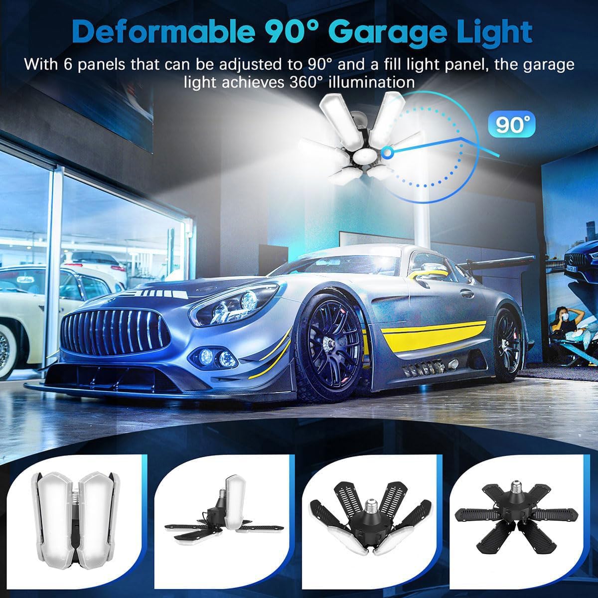 Tanbaby Led Garage Lights 150W Deformable 2 Pack, 30000Lm E26/E27, Adjustable Panels, Black Plastic