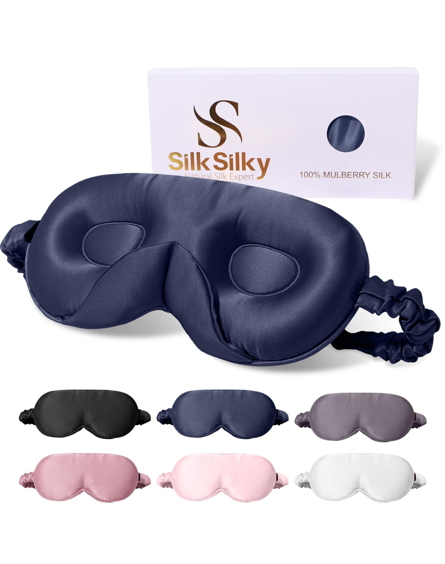 SilkSilky 100% 22 Momme Mulberry Silk Sleep Mask – Upgraded 3D Contoured Eye Mask with Nose Wing Pads & Adjustable Strap, Luxury Blackout Eye Cover for Women & Men (Dark Blue)