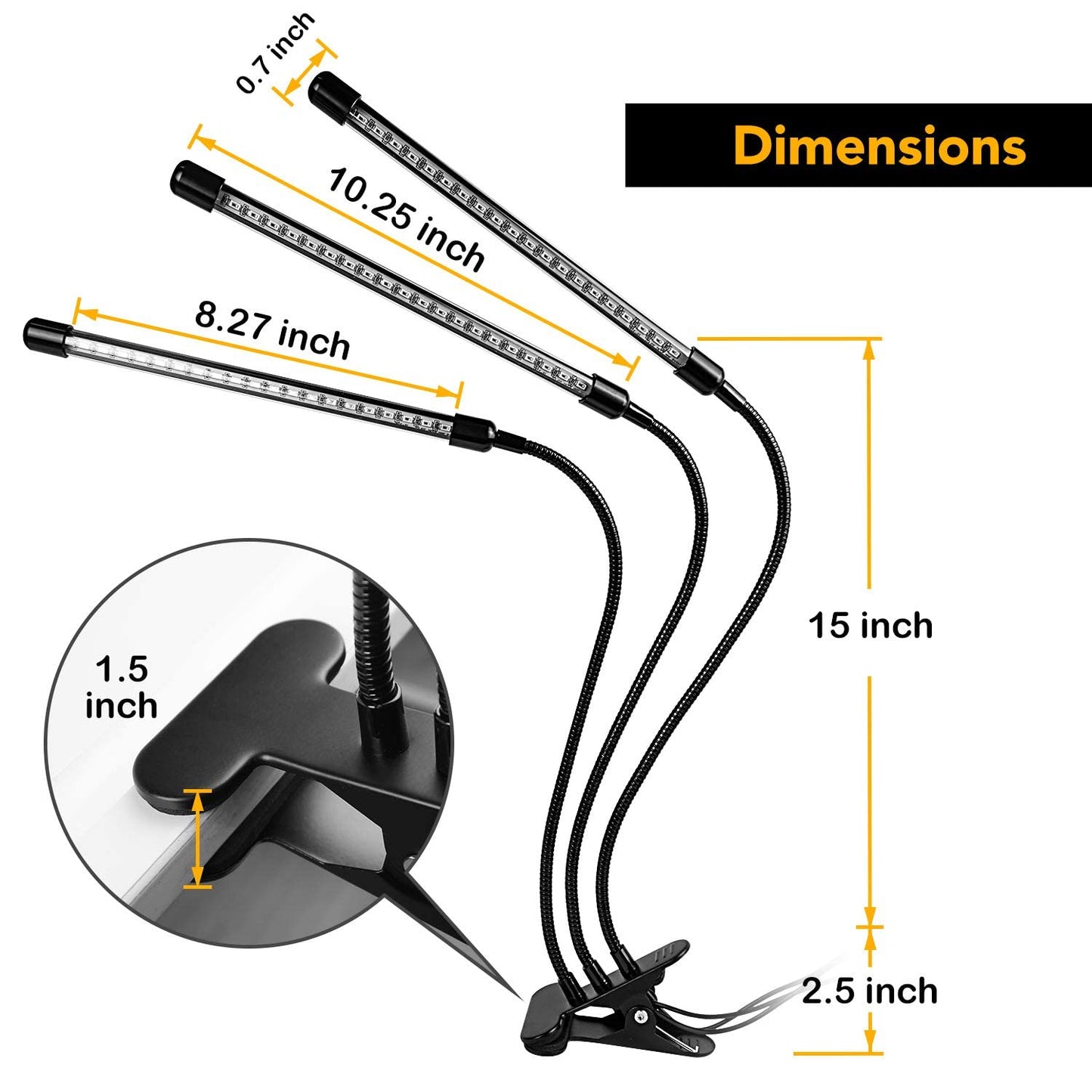 iPower 15W Triple Head LED Grow Light - Red & Blue Spectrum, Adjustable Gooseneck, 4 Tubes, 11 Dimmable Levels, Auto ON/OFF