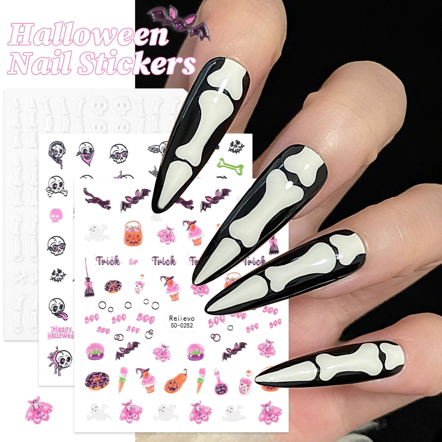 9 Sheets Halloween Nail Art Stickers 5D Embossed Nail Decals Ghost Pumpkin Bat Cat Skull Spider Web Gothic Nail Supplies for Wom