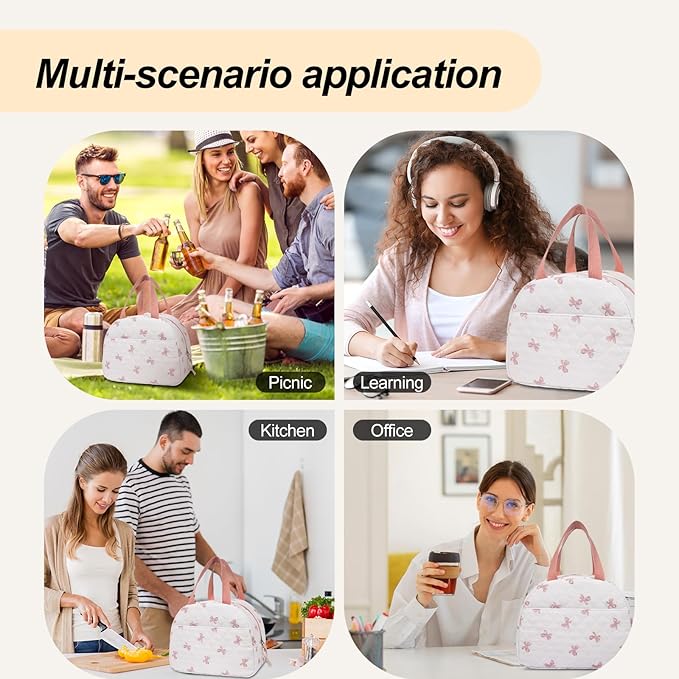 Lunch Box for Women,Cute Quilted Lunch Tote Bag,Reusable Insulated Lunch Box,Large Capacity Cooler Bag with Compartments for Work, Picnics or Travelling