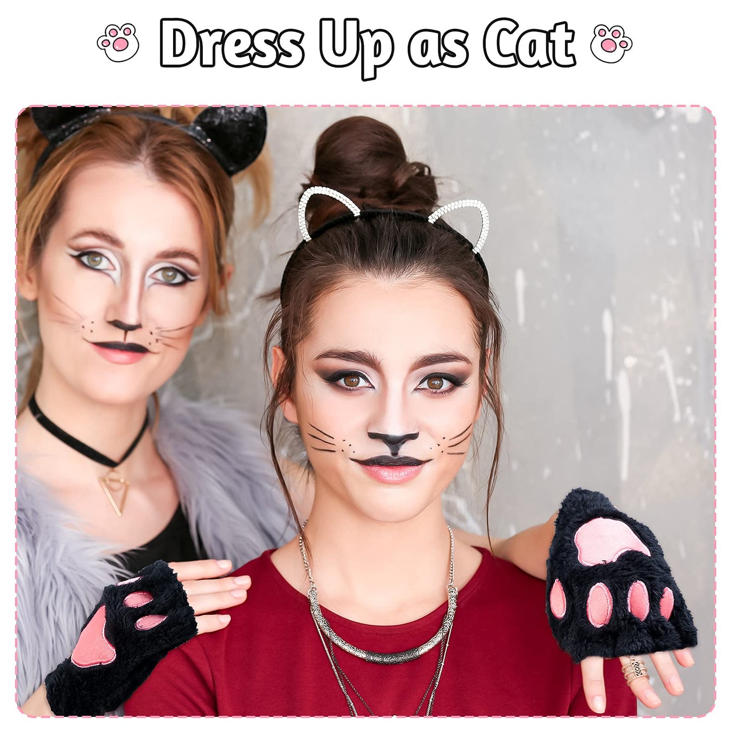 SATINIOR 4 Pairs Furry Cat Paw Gloves Fingerless Mitten Finger Half Glove Winter Plush Mitten for Halloween Kid Adult Costume