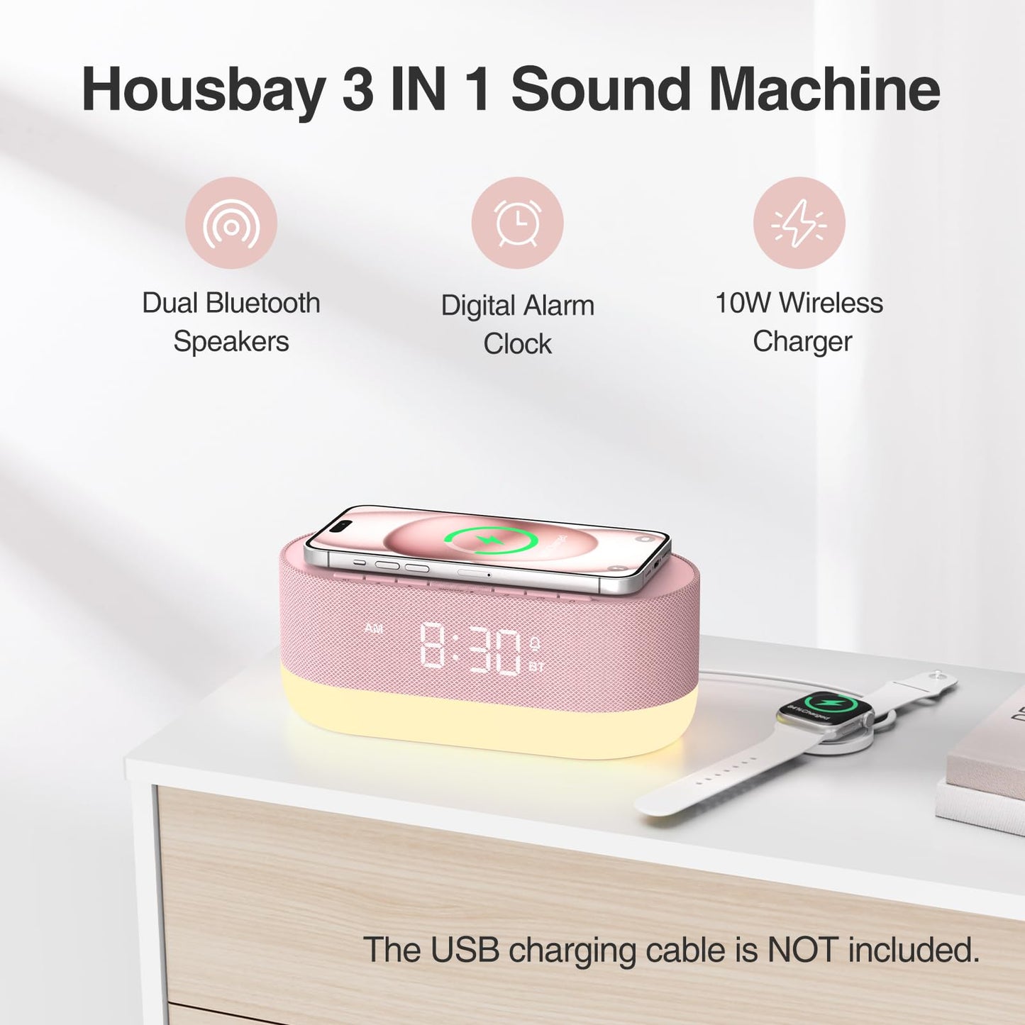 HOUSBAY Sound Machine with Alarm Clock for Bedrooms, Dual Speakers, 21 HiFi Sounds, 10W Wireless Charger, Unlimited Sound, Bluetooth, 10 Night Light, White Noise Machine for Sleeping, Pink