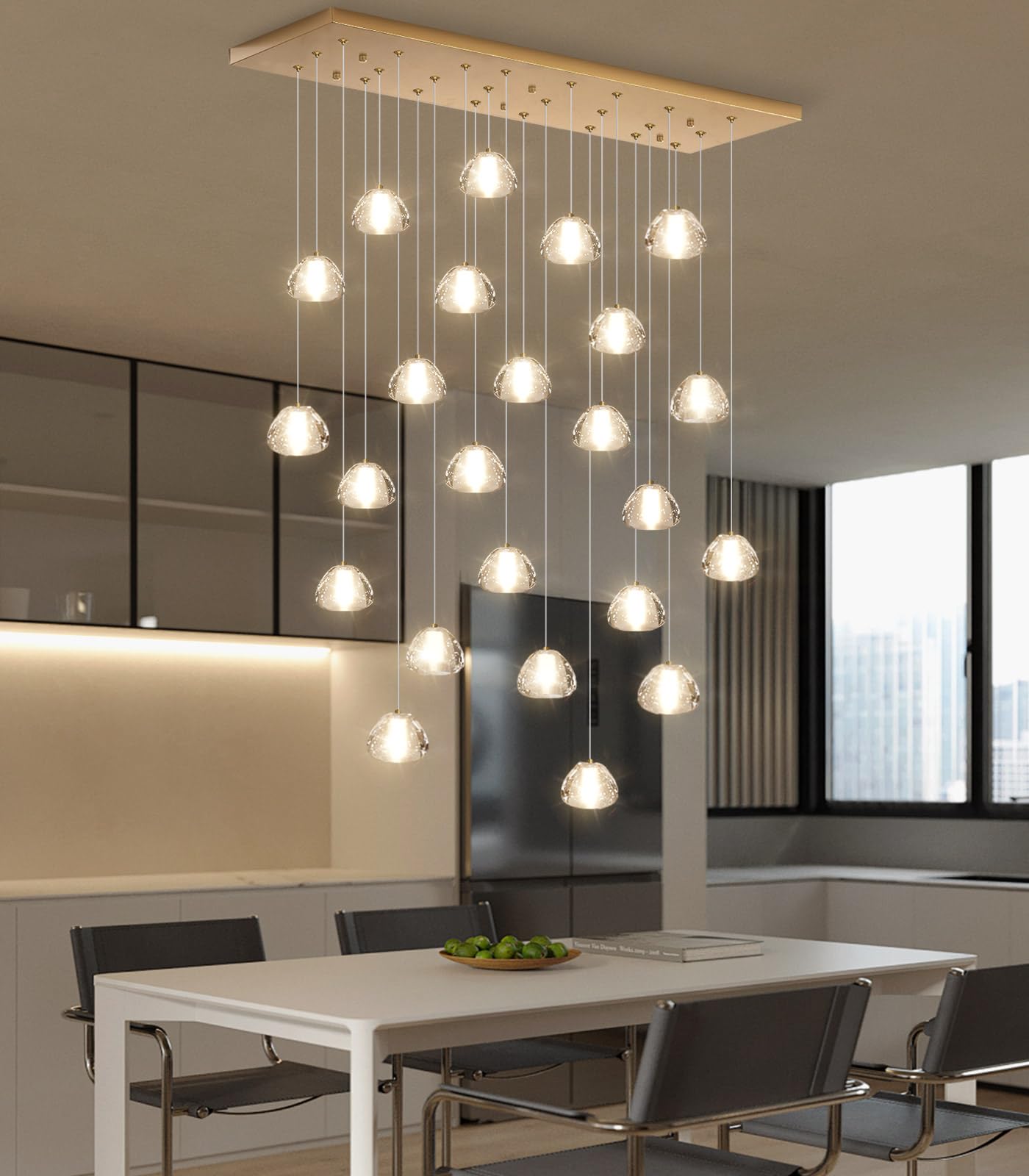 24-Lights Modern Crystal Rectangular Chandelier Led Raindrop Ceiling Pendant Light Crystal Lighting Fixture For Living Room Hotel Staircase Hallway Foyer Entryway Bedroom Gold