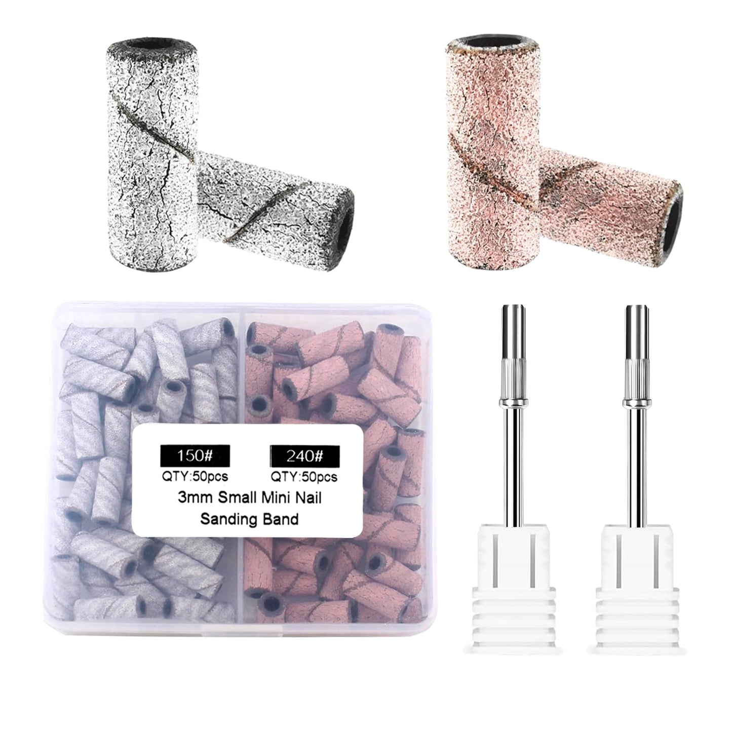 Nail Drill Bit Small Sanding Bands, CORFULRA Mini Sanding Bands with 2 Mandrel Bits, 100Pcs #150#240 Grit Nail File for Acrylic