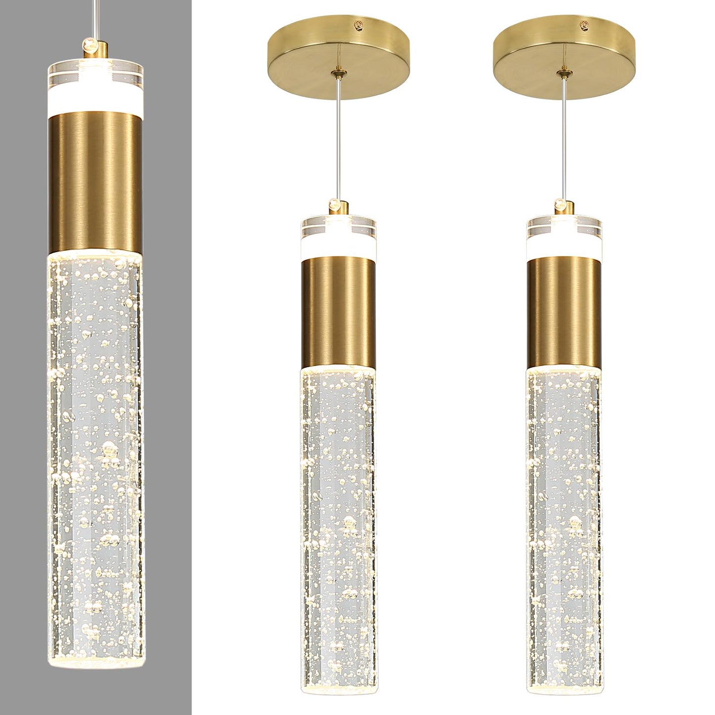2 Pack Modern Kitchen Island Pendant Lights  Gold Bubble Crystal Ceiling Hanging Light  3 Color 2700K/4500K/6500K  Mini Linear Led Chandelier Lighting For Dining Room  Bedroom  Bar  Hallway  Bedside