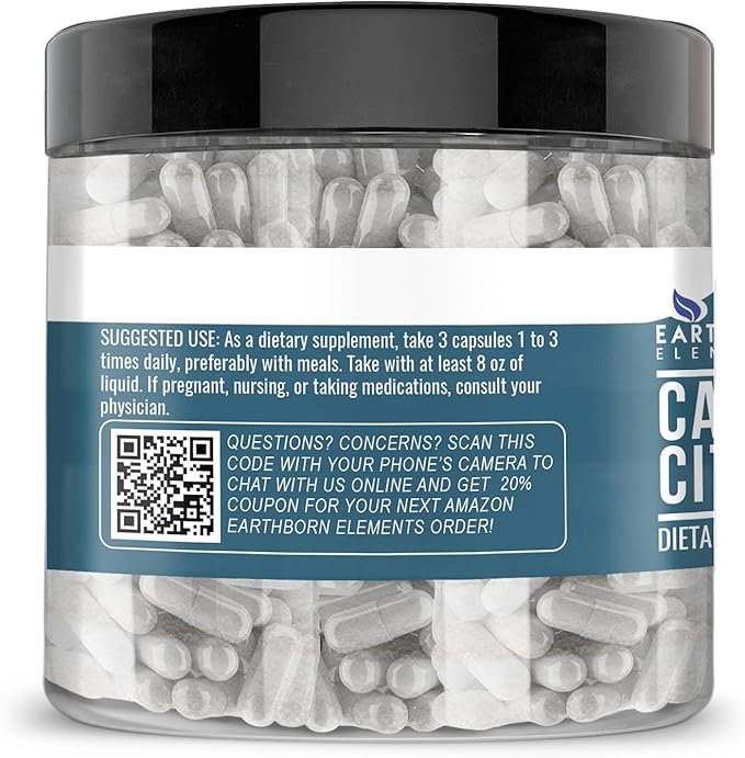 Earthborn Elements Calcium Citrate 200 Capsules, Pure & Undiluted, No Additives