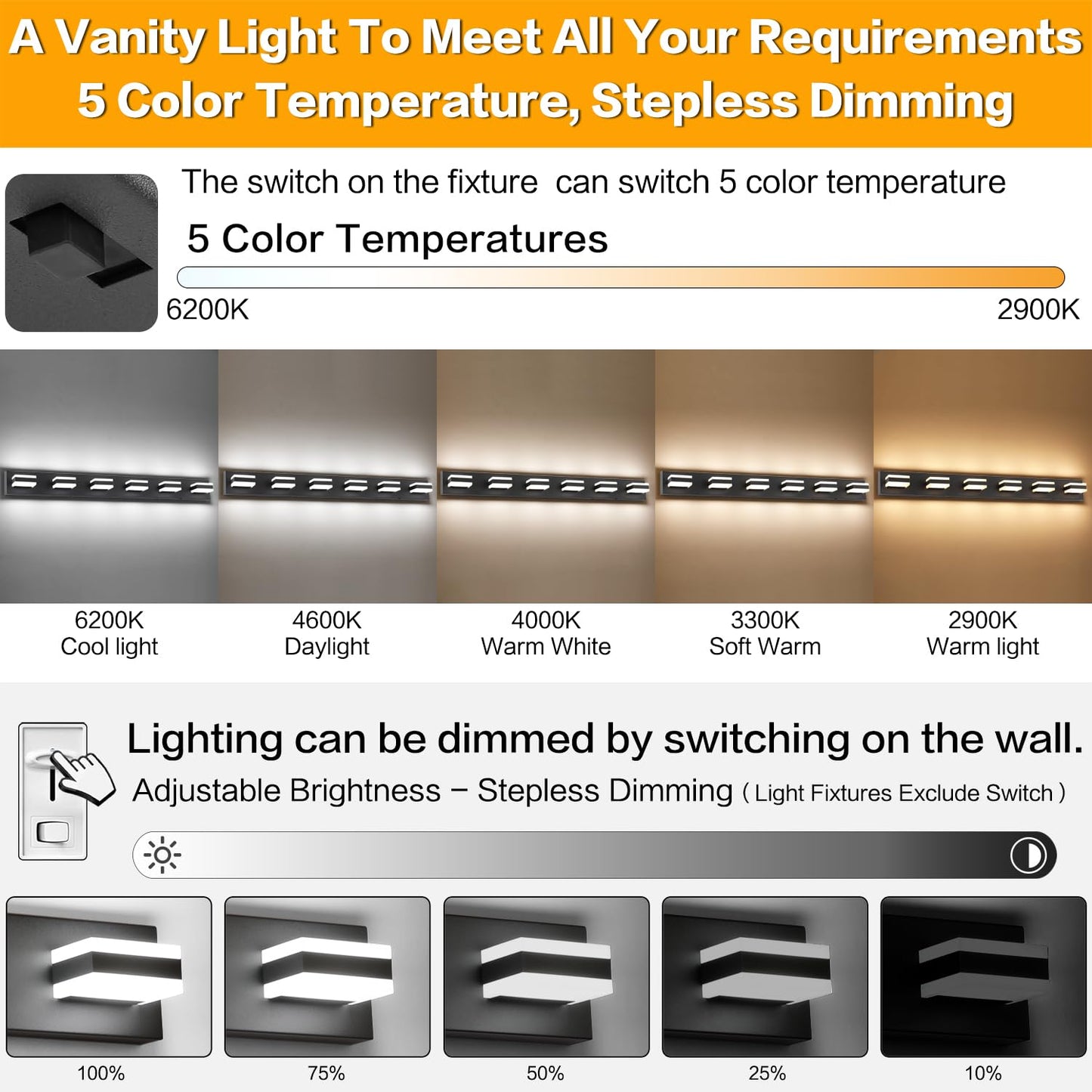 Solfart 5-Light Adjustable Vanity Light, 45.3 Matt Black Led Bar, 5 Color Temperatures, Model S8568-6T-6000K-5Cct