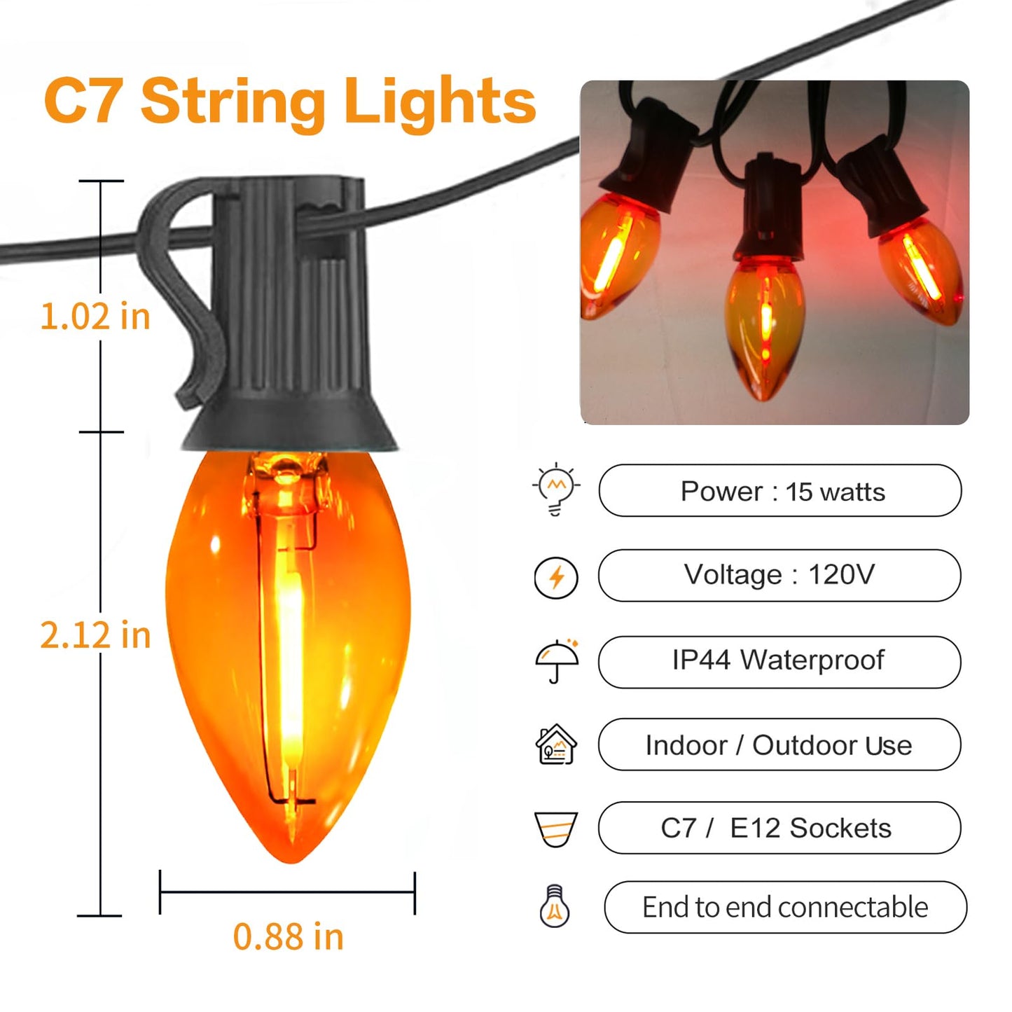 Chyparty C7 Orange Halloween Lights Outdoor  25Ft Led String Lights With 25 Bulbs  Waterproof Fall Thanksgiving Decor For Patio  Fence  Tree  Party