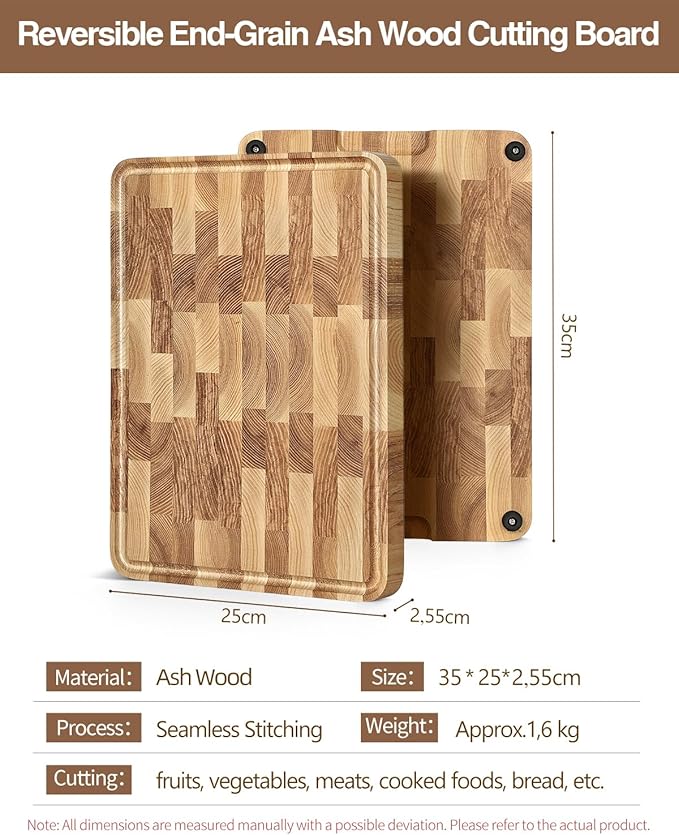 XINZUO Ash Wood Cutting Board for Kitchen, (13.8''L x 9.8''W x 1''T)-End Grain Wood Cutting Board for Meat-Chopping Boards with Slip Feet, Side Handles,Juice Groove