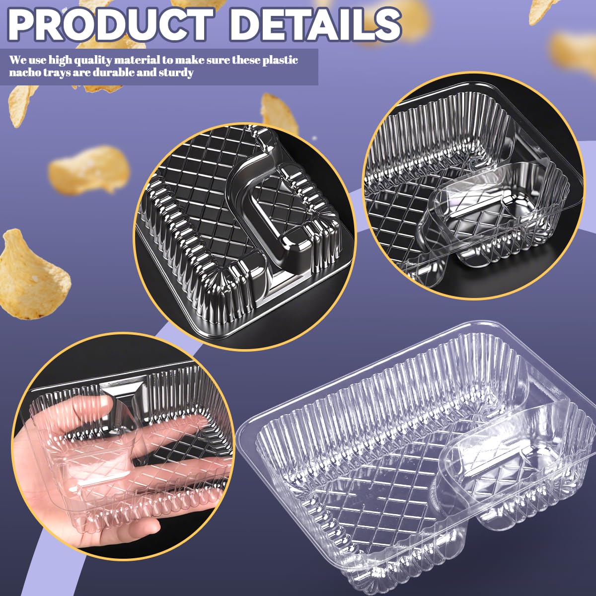 zandfelo 100 Pcs 12oz 6.5''x5'' Plastic Nacho Trays, Small Disposable Tray for Nachos & Cheese Dip, Clear Nacho Containers for Chip, 2 Compartment Movie Night Snack Trays Great for Snacks, Fair Foods