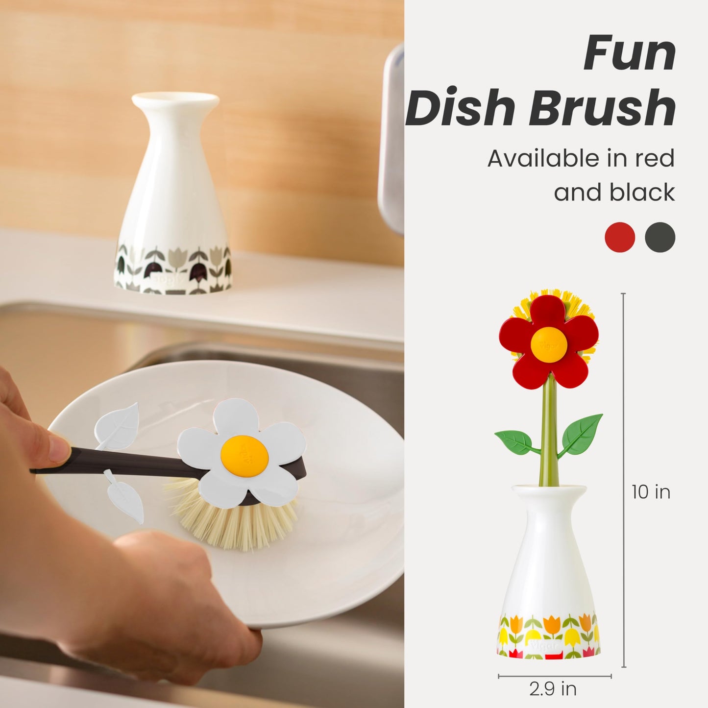 Vigar Flower Power Dish Brush with Vase Brush Holder, Dish Brush with Handle for Pot Scrubber, Dishes, Sink, and Kitchen Essentials, White, Black