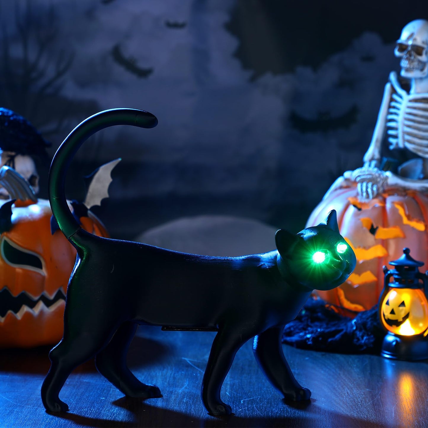 Retisee 2 Pcs Halloween Black Cat Decoration Yard Signs With Green Glowing Eyes 12 Inch Creepy Cat Figurine Animated Light For Indoor Outdoor Halloween Party Decoration Table Centerpieces Spooky Gift