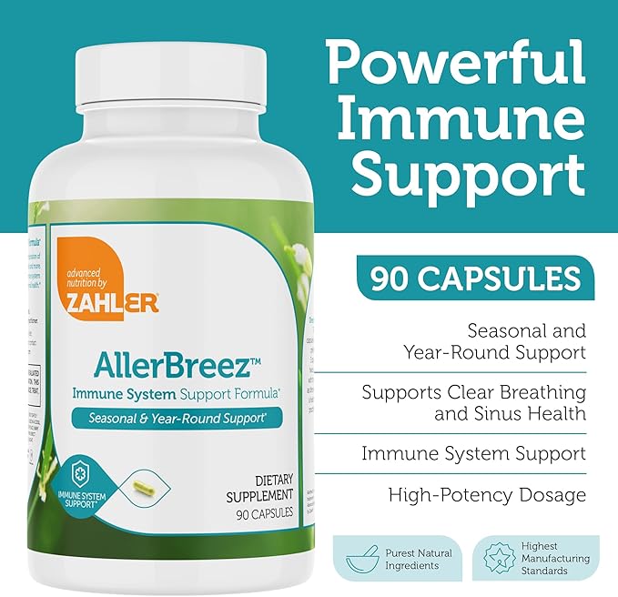 Zahler AllerBreez Immune System Support Formula with Vitamin C, Quercetin, Vitamin B5, MSM & Stinging Nettle - Seasonal & Year-Round Immune Support Supplement, Dhist Allergy Supplement (90 Capsules)