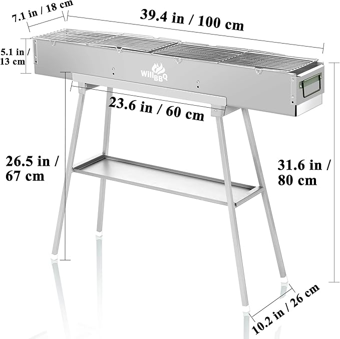 Charcoal Grills Commercial Quality Portable Multiple Size Hibachi BBQ Lamb Skewer Folded Camping Barbecue Grill for Garden Backyard Party Picnic Travel Outdoor Cooking Use(39.4x7.1x5.1 inch)