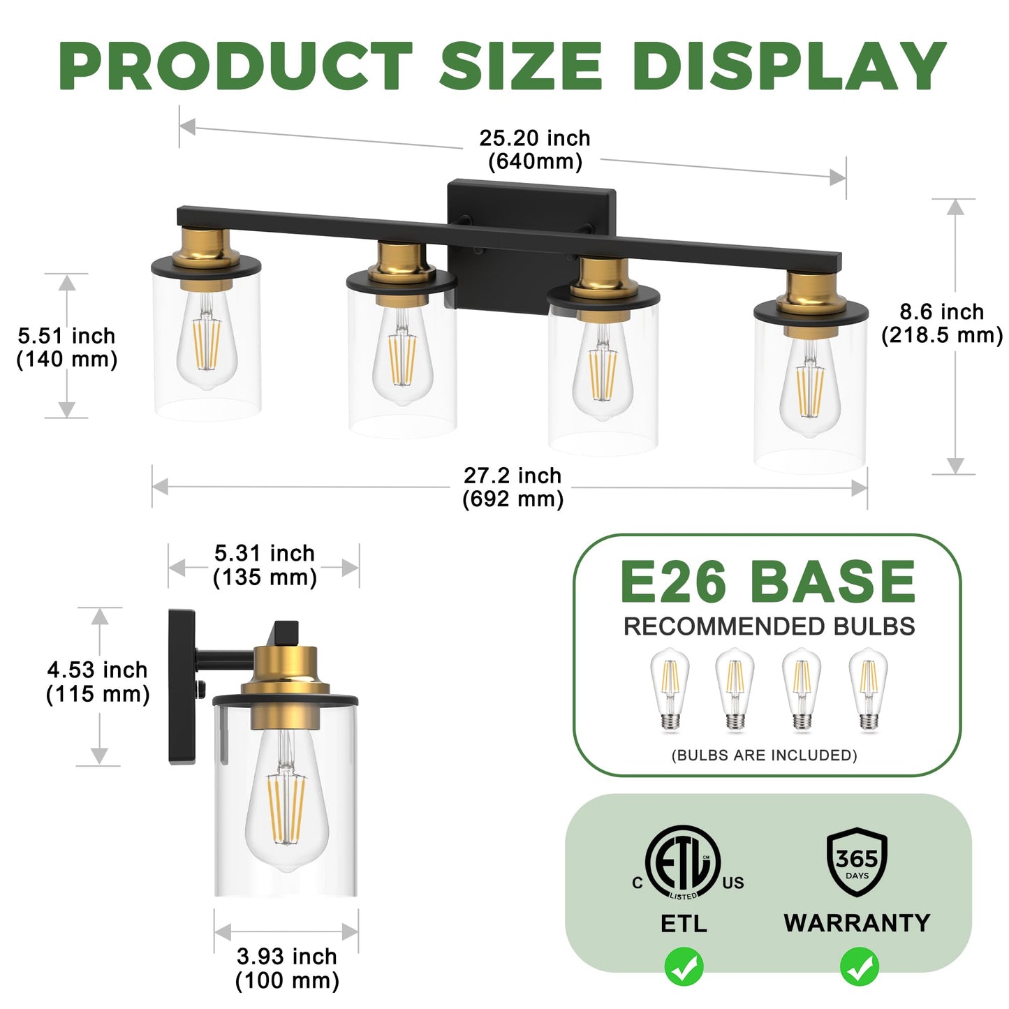 Doresshop Bathroom Light Fixtures  4-Light Black And Gold Bathroom Lighting Fixtures Over Mirror With Glass Shade  Modern Vanity Lights For Hallway Bedroom  Includes Bulbs