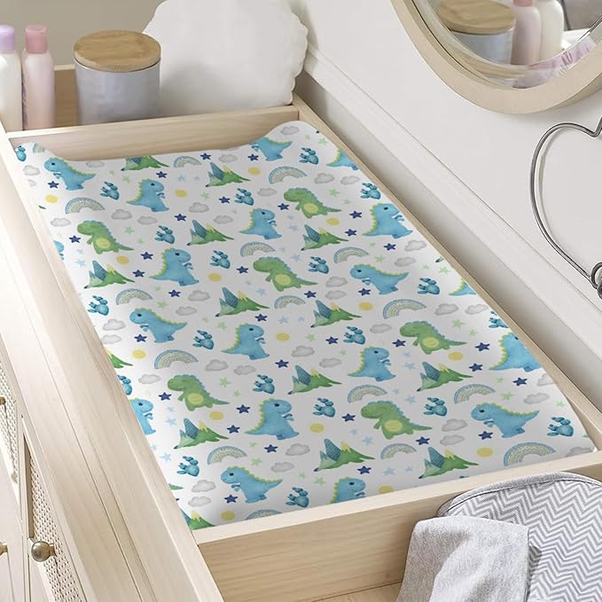 Dinosaur Rainbow Diaper Changing Pad Cover Sheets for Boy Girl 32''x16'' Cartoon Dino Sun Star Cactus Mountain Unisex Fitted Changing Table Covers Comfort Soft Breathable Baby Changing Table Mats
