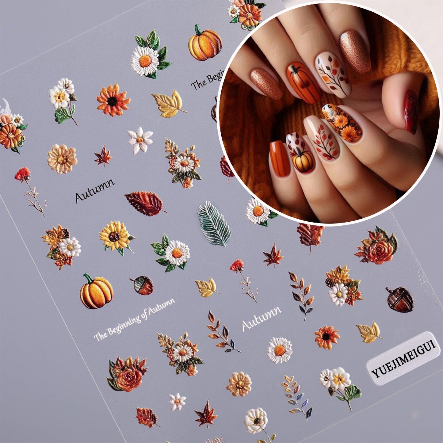 2 Sheets Maple Leaf Nail Art Sticker 5D Embossed Thanksgiving Pumpkin Nail Stickers Pinecone Rose Ginkgo Leaf Design Nail Decals