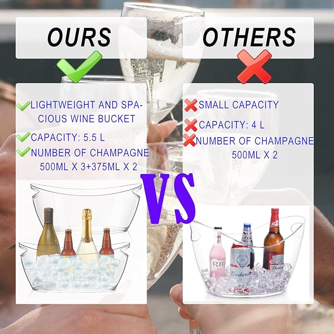 Cheardia 2 Pack Ice Bucket, Acrylic Champagne Bucket 5.5L Beverage Tub for Parties, Mimosa Bar Supplies, Cocktail Bar, Champagne, Beer, Wine, Clear, Long and Narrow