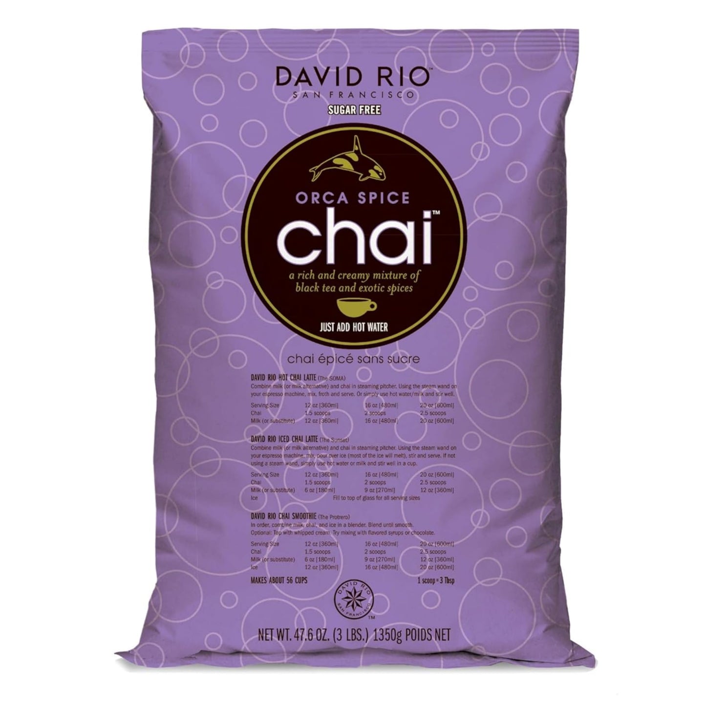 Orca Spice Reduced Calorie Chai Tea Latte Mix, 47.6 Oz, Black Tea, Organic Spices, Sugar Free, Dairy Free, Serve Hot or Cold, Ju