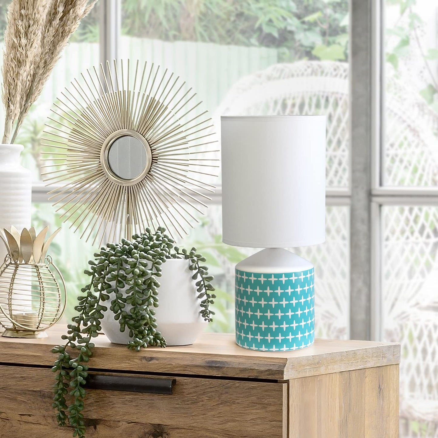 Simple Designs Table Lamp LT2077-CRS Ceramic Cross Pattern Blue 8.5inL x 8.5inW x 18.5inH