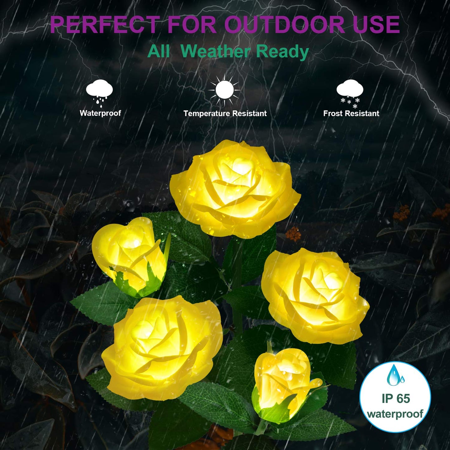 YWYWLED Solar Flower Lights Outdoor LED Waterproof, 5 Roses, 1 Pack, Yellow, Model 2023-5-12
