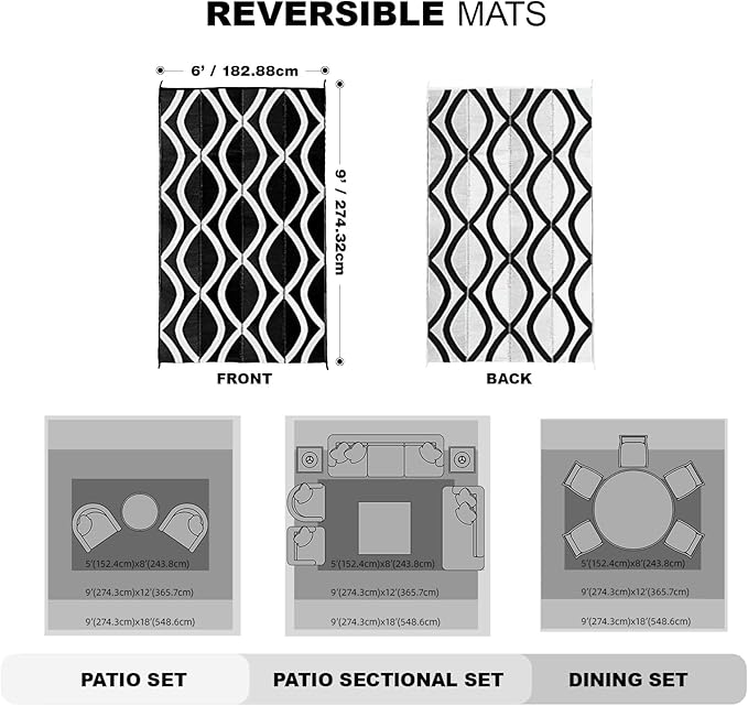 wikiwiki Outdoor Rug, 6x9ft Waterproof Reversible Mat Indoor Outdoor Rugs Carpet, Small Area Rug Plastic Straw Rug for Patio Deck Balcony Pool RV Camping Beach Picnic, Black & White, Rugscape Series