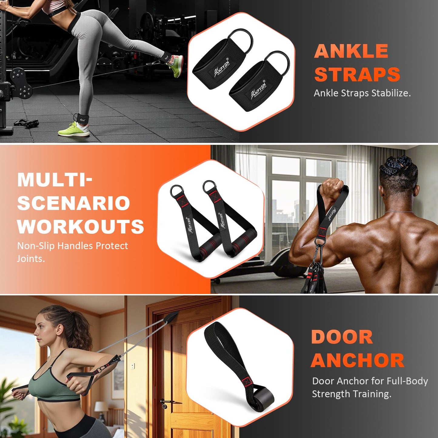 HPYGN Resistance Band with Handles & Door Anchor and Ankle Straps, for Exercise, Fitness, Heavy Resistance Training, Physical Therapy, Shape Body, Yoga, Home Workouts Set, 150 Lbs, Grey