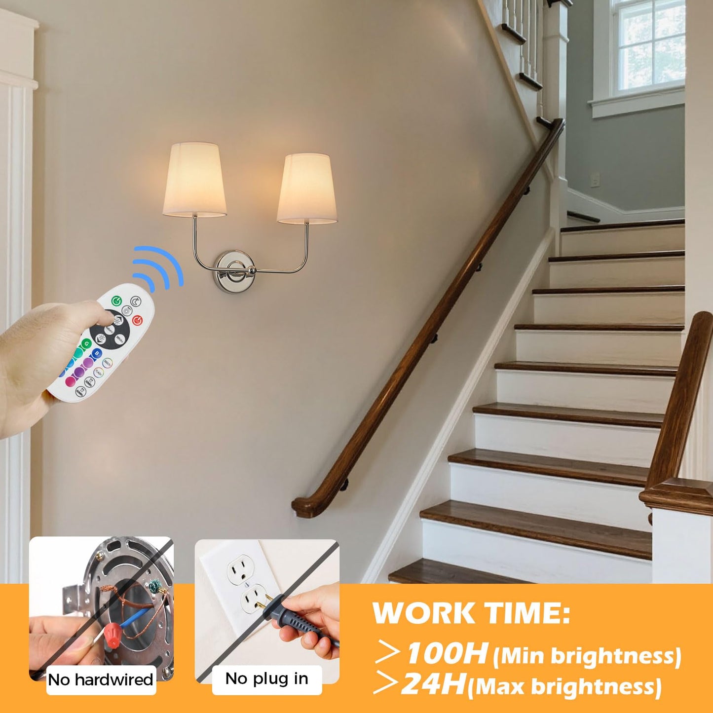 PASSICA DECOR Wireless Wall Sconce Set of 2, Rechargeable Dimmable LED, 15 Colors, Chrome, Model CA7010-04