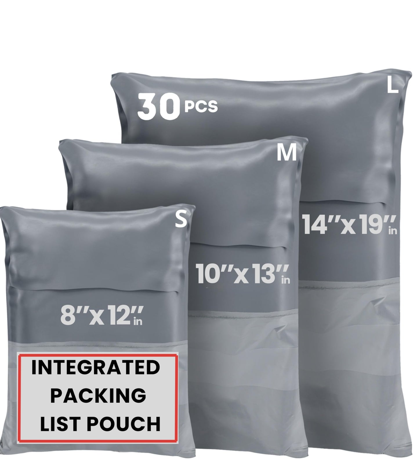 Poly Mailers Shipping Bags (30 Pack) — Self-Seal Plastic Mailing Envelopes, 3 Sizes incl. 8x12, poly mailers 10x13 & 14x19 — Tear & Water-Resistant Plastic Shipping Bags for Clothing Not Padded, Grey