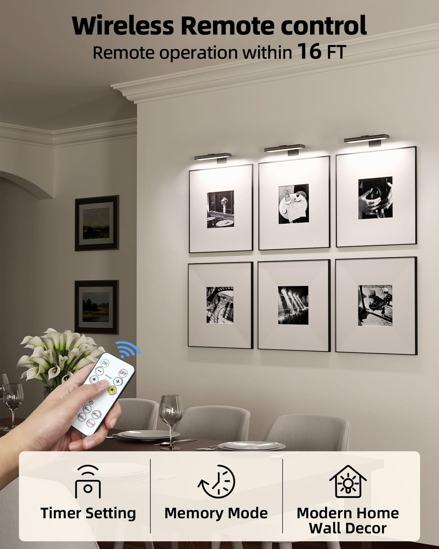 EZVALO Picture Light for Wall, Rechargeable 2400mAh Battery Lights Wireless Remote, 3 Color & Dimmable Magnetic 8'' LED Lights Display for Painting, Living Room, Gallery, Bedroom, Dashboard(Black-2P)