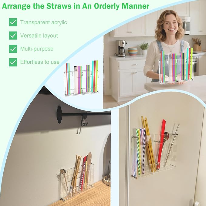 Acrylic Straw Holder for Cabinet, Reusable Straw Organizer with Double Sided Adhesive Tape Tumbler Straws Storage Container for Cupboard Drinking Straws Dispenser for Kitchen Counter (Transparent, A3)