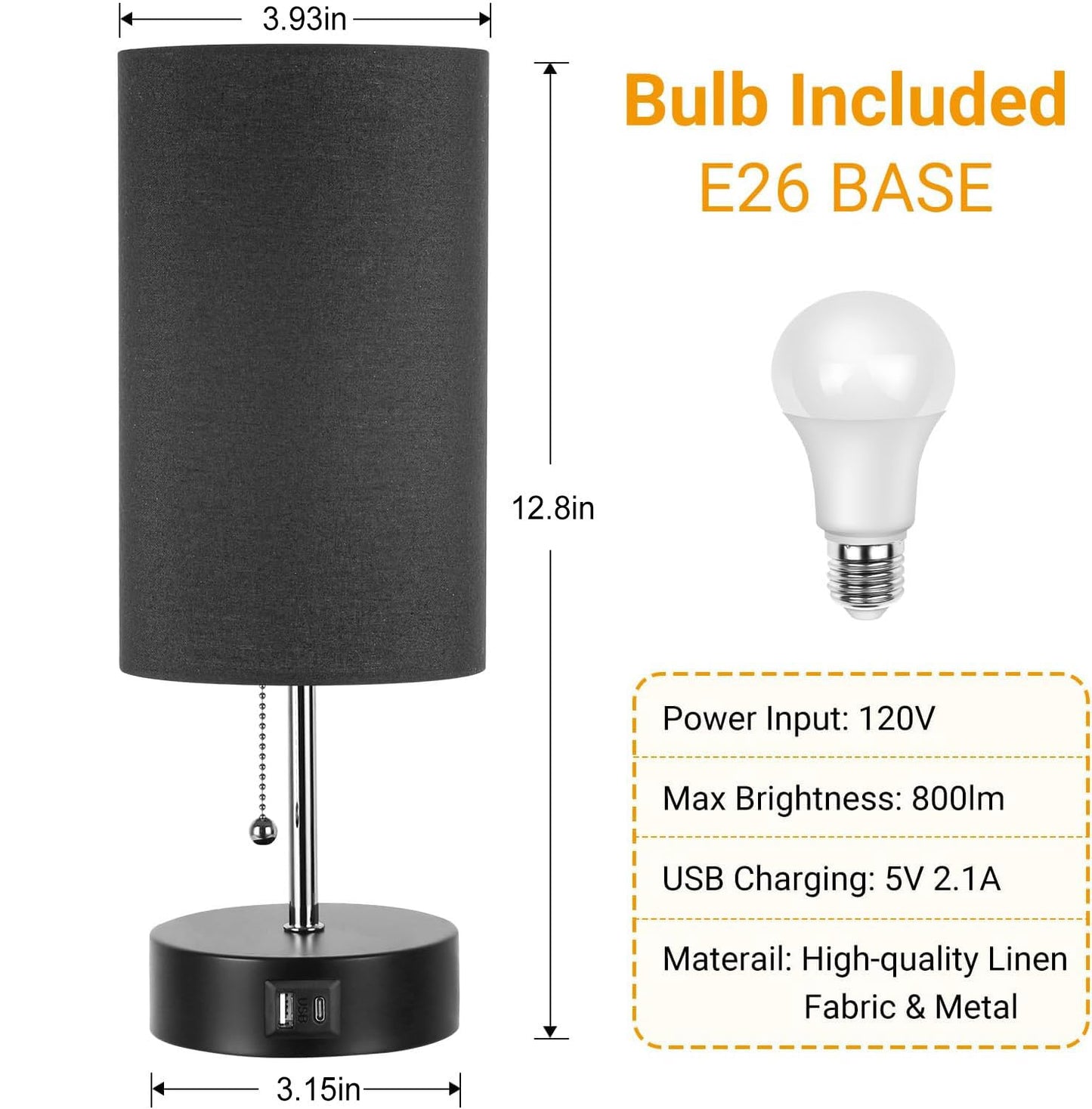 ROTTOGOON Bedside Lamp with USB A & C Ports, LED Bulb, Metal, Black, Model H-philwin-061